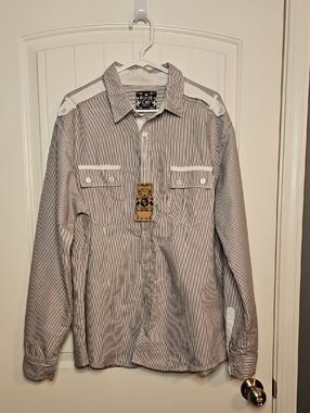 NWT Sacred Cult Striped Button-Down Shirt in Light Gray and White